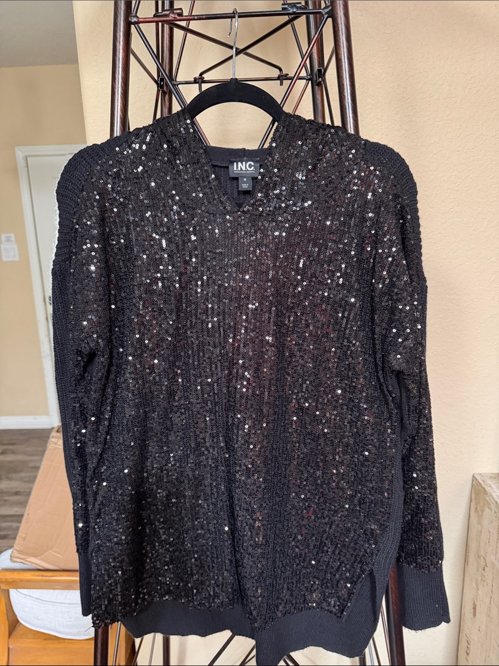 INC International Concepts Black Sequin V-Neck Top